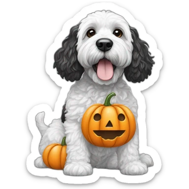black and white doodle cockapoo with a pumpkin sticker