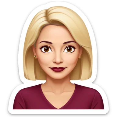 Puerto Rican actress Linette Torres in her 50s with warm light skin, mature elegant features, some fine lines, expressive eyes, well-defined eyebrows, straight nose, friendly smile, shoulder-length blonde hair, wearing a fashionable burgundy top sticker