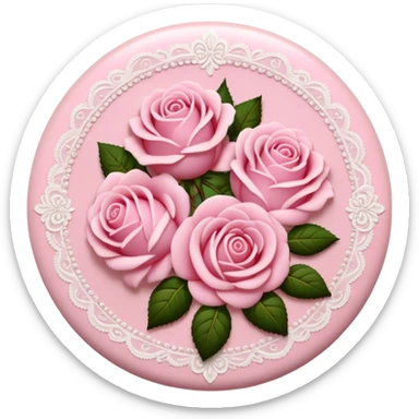 A round pink button with light cream damask lace and pink roses sticker