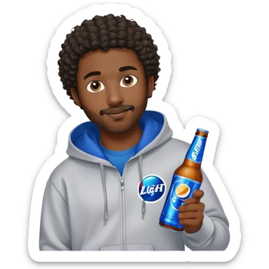 dark black guy short curly hair facial hair holding bud light wearing a hoodie sticker