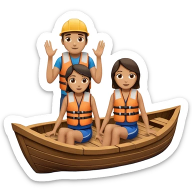 a wood boat upside down, with 2 people sitting on top trying to stay afloat. sticker