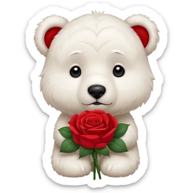 Cute white bear with sad puppy dog eyes holding roses  sticker