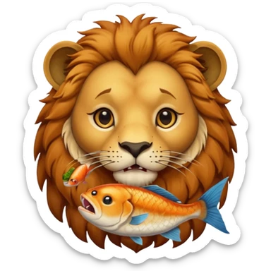  A lion eating a fish, feeling sad, portrait, bust up sticker