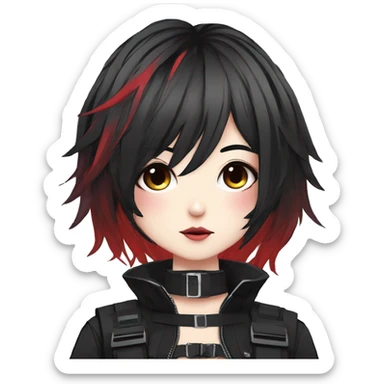 Gorgeous dark techwear anime style lady with blushing face aesthetic and pretty edgy black red punk messy hair with collar and harness trending style sticker