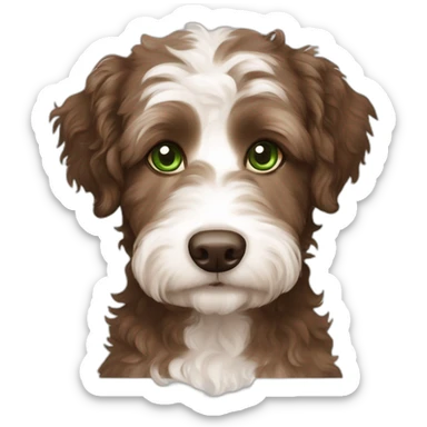 A brown and white aussiedoodle with green eyes sticker