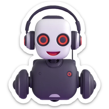 Smiling robot support assistant with headphones in messaging interface sticker