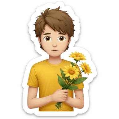 generate an ios genmoji of a 20 year old fair boy with brown long and messy hair with faint stubble. should look like he cant grow a mustache., carrying a flower bouquet, wearing a yellow tshirt, looking shy sticker