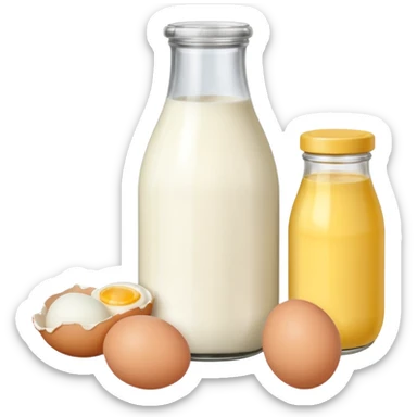 A cluster of dairy items: a milk bottle with an 3 eggs on the left side and birck of butter on the right side sticker