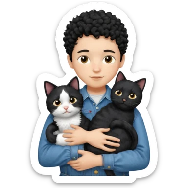 Apple emoji of a 13-year-old boy with short black curly hair, light skin, dark brown eyes, wearing a denim shirt and overalls, hugging a black and white cat. sticker