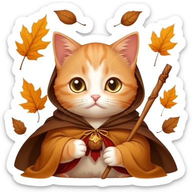 A russet-colored kitten with a cloak, piercing golden eyes, holding a cinnamon stick, surrounded by falling leaves and mystery vibes. sticker