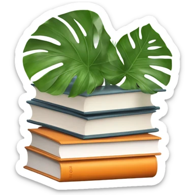 An aesthetically pleasing stack of books with orange covers and behind them a potted monstera  sticker