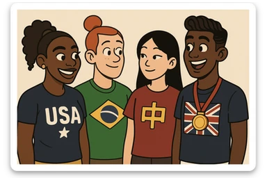 Serena Williams American shirts girl Orange bun hair a Brazil shirts boy brown Chinese shirt Chinese girl black hair United Kingdom shirt Defined Waves hair sports medal  sticker