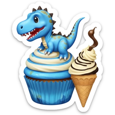 A cupcake having blue and black icing and a dinosaur as a decoration and ice cream next to it sticker