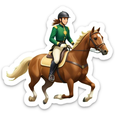 An icon featuring a horse and rider galloping gracefully over a lush green field. The rider is in full gear, guiding the horse with precision. The background shows rolling hills, a clear blue sky, and vibrant sunlight illuminating the scene. Transparent background highlights the elegance sticker