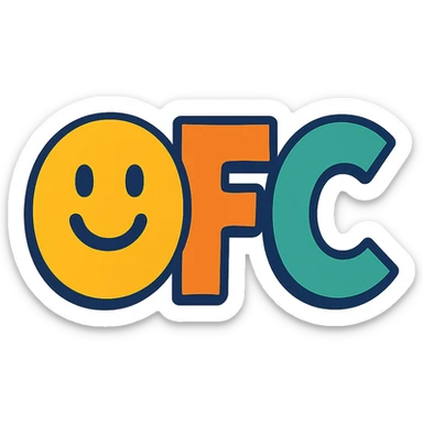 OFC letters, playful with a smiling face in the design, logo style sticker