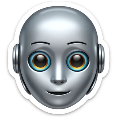 A cute futuristic robot emoji made of silver chrome, rounded friendly body, minimal facial features, glossy metallic surface, soft reflections, iOS emoji style, centered, clean white background sticker