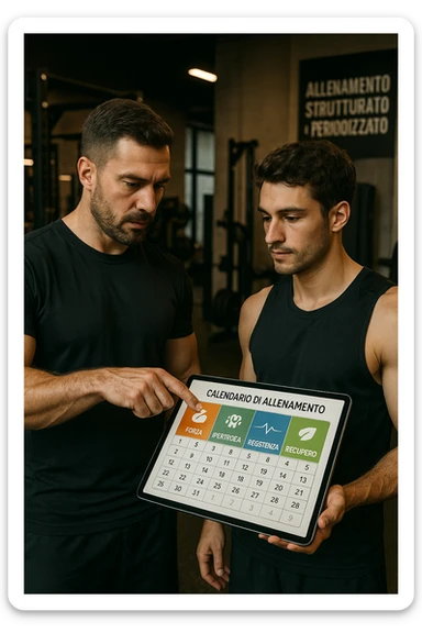 realistic cinematic photo a personal trainer and a client stand in a modern gym, reviewing a large, color-coded training calendario or chart on a tablet. The calendario shows different phases (Forza, Ipertrofia, Resistenza, Recupero) with icons and dates. Around them, gym equipment and motivational posters reinforce the idea of structured, periodized training. in italiano sticker