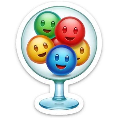Cute 3D cartoon emoji style sticker of a 3 glass and ball game, glossy plastic texture, soft lighting, smooth shadows, playful expression, high detail, white outline sticker, transparent background (glass color green, red, & blue) sticker