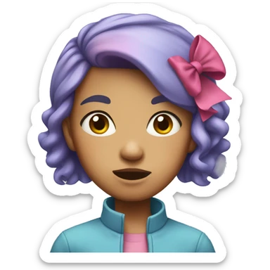 girl with bright pink hair and a blue headband with a bow. she has a slightly angry expression and a light blue jacket.  sticker