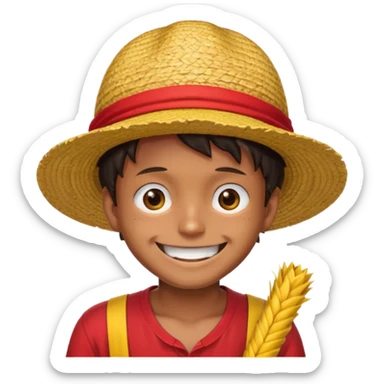 Luffy with a big smile and red shirt with yellow and red straw hat sticker