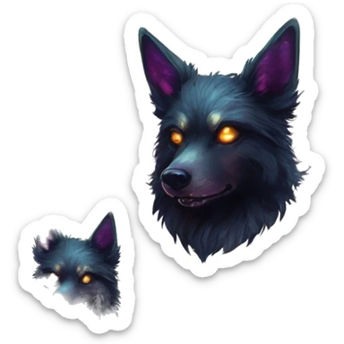 Black iridescent fluffy dog fox head zombie skull skeleton gold mechanical steampunk raven wings nebula galaxy stars colorful flowers fairy lights vintage sticker