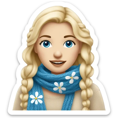 beautiful finnish blonde woman with blue eyes knitting scarf with flowers sticker