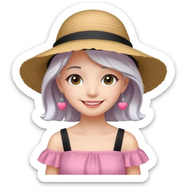 Girl in pink dress and sunhat smiling, black 2 string dress, white hair sticker