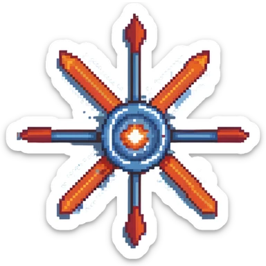 Bomb range power-up sprite, 64x64 pixels, explosion with red and orange arrows extending outward in four directions, target/bullseye design, vibrant red/orange color palette, clean pixel edges, recognizable icon that represents increased blast radius sticker