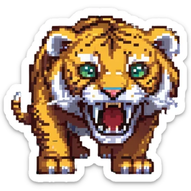 saber-toothed tiger with extremely small body and enormously exaggerated fangs, tiny creature with giant teeth that are much bigger than its whole body sticker
