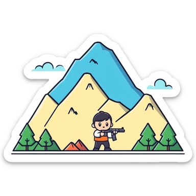 Cute tiny character with a toy gun shooting at a mountain with little figures sticker