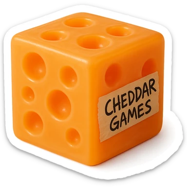 hyper-realistic clear transparent orange block of cheddar cheese with Swiss cheese holes, no background, highly detailed plastic texture like a 90's toy, soft reflections on soft flat plastic, soft and almost squishy with some cloudiness, not shiny, retro and appealing, extremely high quality, glowing slightly, looks like a gummy, with 'Cheddar Games' written sharply and messily on tape taped to the side sticker