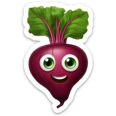 miling beetroot with big expressive eyes, rosy cheeks, and a green leaf on top. Simple and bright design with a cheerful and cartoonish style. sticker