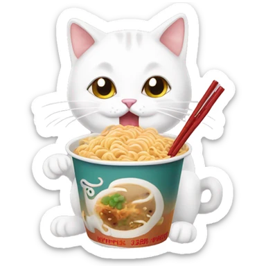White cat eating ramen noodles and bubble tea sticker
