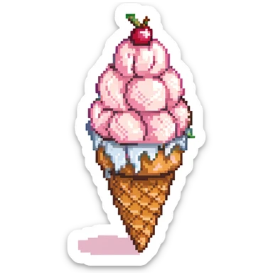 kawaii pixel art ice cream, pastel pink scoop, creamy swirl, cherry on top, light brown cone with diagonal waffle lines, 16x16 pixels, clean design, vivid outlines, subtle shadow under scoop, cute face with blush and small smile sticker