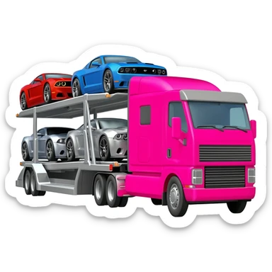A Car Carrier With a 4 Muscle Cars and a Pink Semi Truck sticker