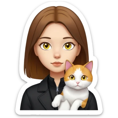 Light-skinned girl with brown straight hair wearing a black jacket, with a pure white cat with yellow eyes and a calico cat sticker