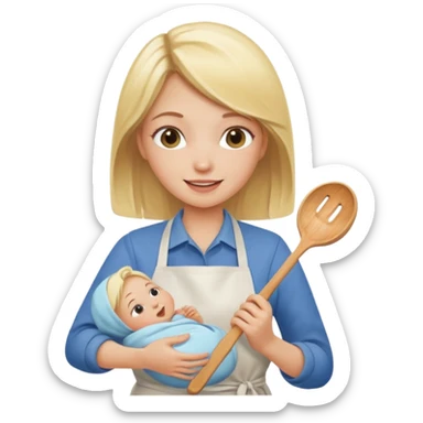 Blonde girl, cooking , cleaning and holding a baby sticker