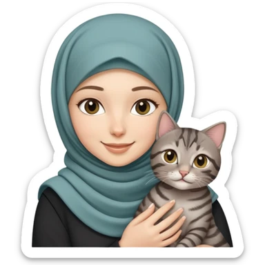 White girl wearing hijab smiling while holding a black grey tabby cat sticker