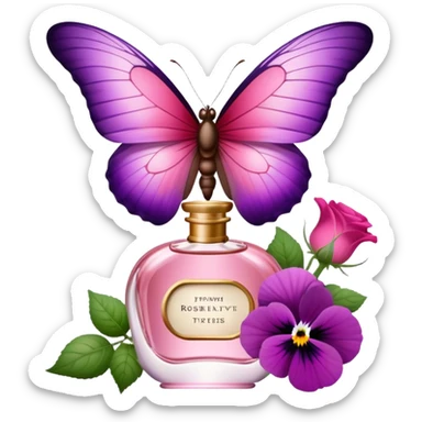 "With vibrant Tyrian Purple and Jasper Red wings, a butterfly flutters near an elegant Rosewater Pink perfume bottle. Misty Rose pansies surround the setting, adding a touch of gentle floral beauty." sticker
