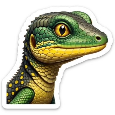 cinematic-realistic-cute-monitor-lizard-portrait-emoji,-head-tilted-playfully-and-inquisitively,-featuring-a-compact,-agile-body-with-finely-detailed,-glossy-scales-in-earthy-black and yellow-hues-and-a-distinct,-alert-face-with-bright,-curious-eyes, black , yellow spotted and green band  scales sticker
