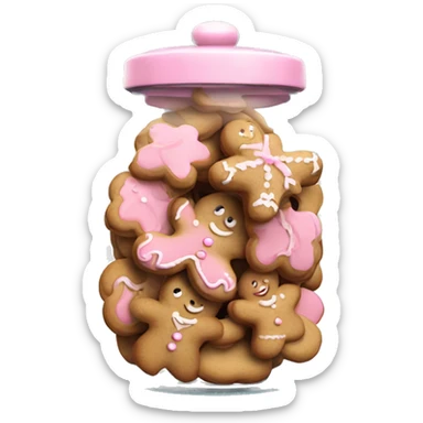 Realistic glass cookie jar with light pink lid full of gingerbread cookies isolated.  sticker