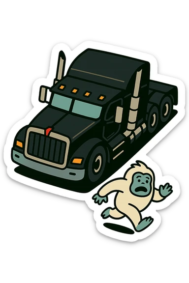 Remove the background, keep only the black 2026 Kenworth W680 flat top semi sleeper and the tiny abominable snowman, top-down vibrant toon style, no text. The style is top-down cartoon style with vibrant toon colors, transparent background. sticker
