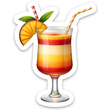 A beautiful cocktail with a gradient from red to orange, topped with mango pudding and lined with a striped straw. sticker