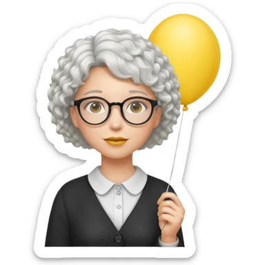 woman with short curly white hair and wearing glasses, holding yellow balloon sticker