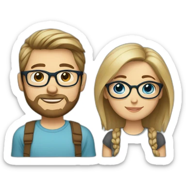 Couple in love. She has brown hair, blue eyes and wears glasses. He has short blond hair, three day beard and wears glasses sticker