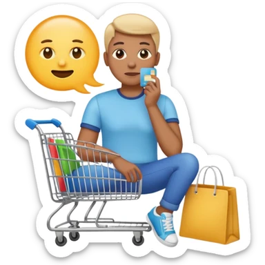 Emoji-style illustration of a person holding a credit card, hand on chin thinking. A thought bubble above the head showing clothes, sneakers, and a shopping cart, representing deciding whether to spend money. Clean, modern emoji style, bright colors, white or transparent background. sticker