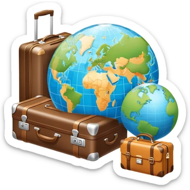 An icon featuring a suitcase, a hotel building, and a globe, symbolizing tourism and hospitality. The design includes a map with a marked destination and a key, representing travel and accommodation. Transparent background highlights the exploration and services of the hospitality industry. sticker