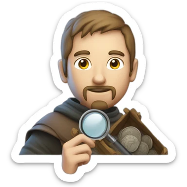 medieval coin collector, looking at a coin with a magnifying lense sticker