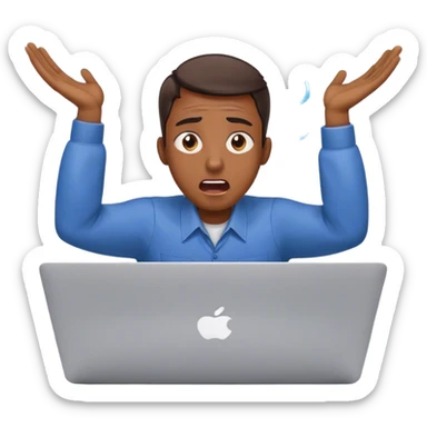 An overwhelmed office worker at a MacBook, eyes wide open, mouth agape, sweat drops flying, hands on head in panic sticker