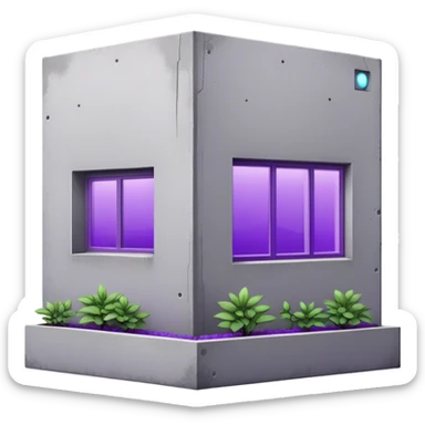 Minimalist gray concrete panel building, slight ghetto vibe, one window with bright purple ultraviolet light for growing plants, simple rectangular shape, stark and bare sticker